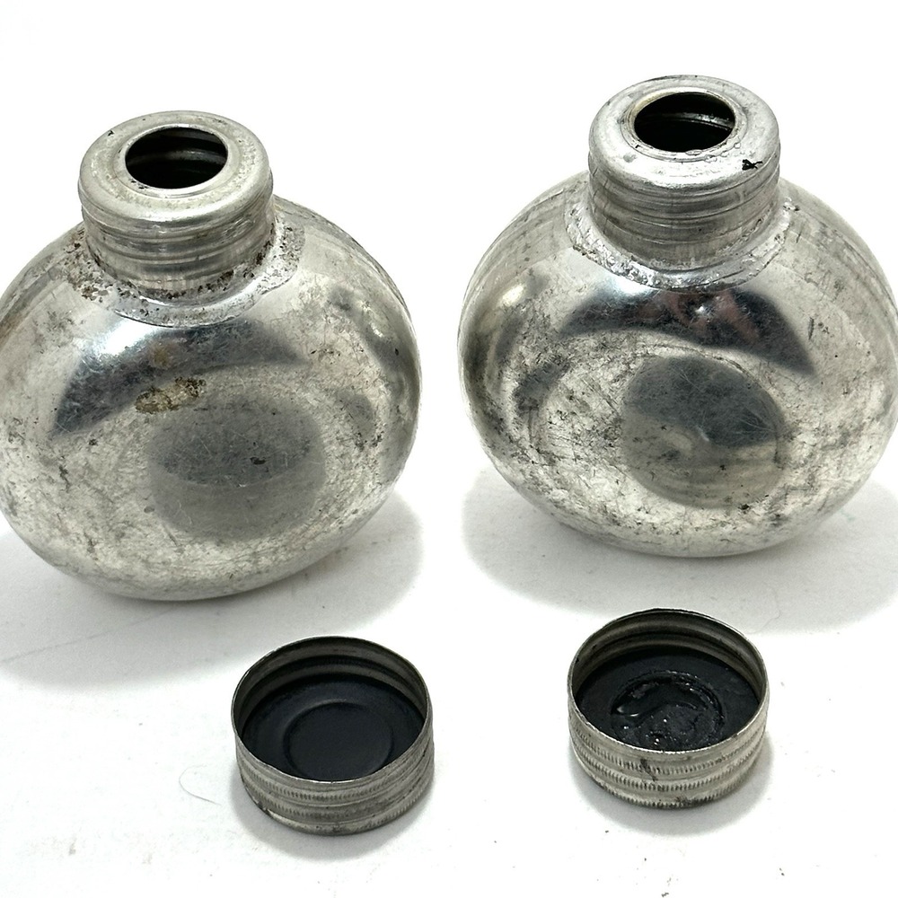 Vintage Steel Gun Oil Bottles Pair Round Military Rifle Oiler Screw Cap - Picture 8 of 10